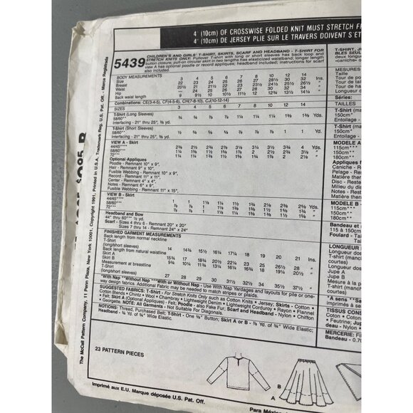 90s Easy McCalls 5439 Sewing Pattern Size 4-5-6 T Shirt Skirt Scarf Headband CUT - Picture 4 of 6